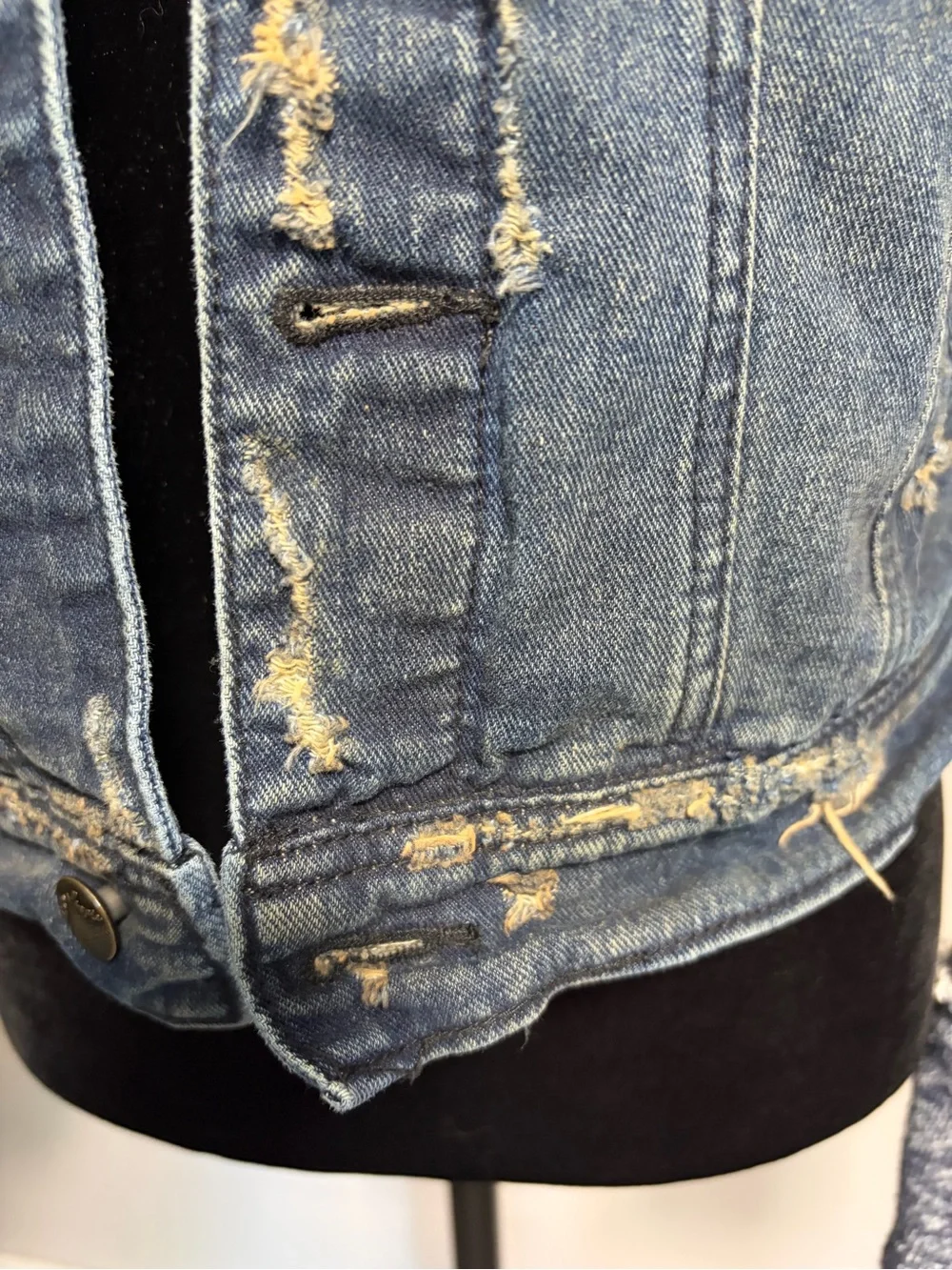 Free People Distressed Denim Jean Jacket W/ Knit Sleeves & Hood